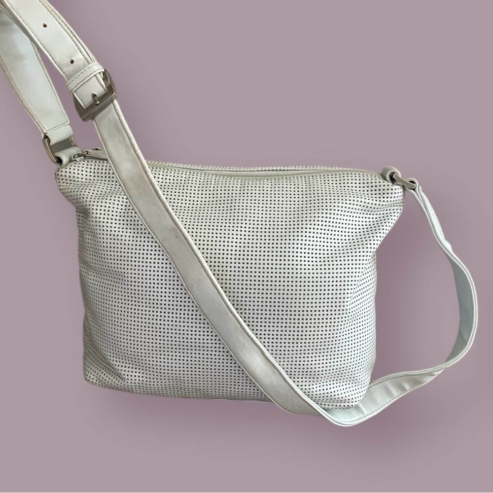 White Perforated Adjustable-Length Leather Purse Shoulder Handbag Vintage
